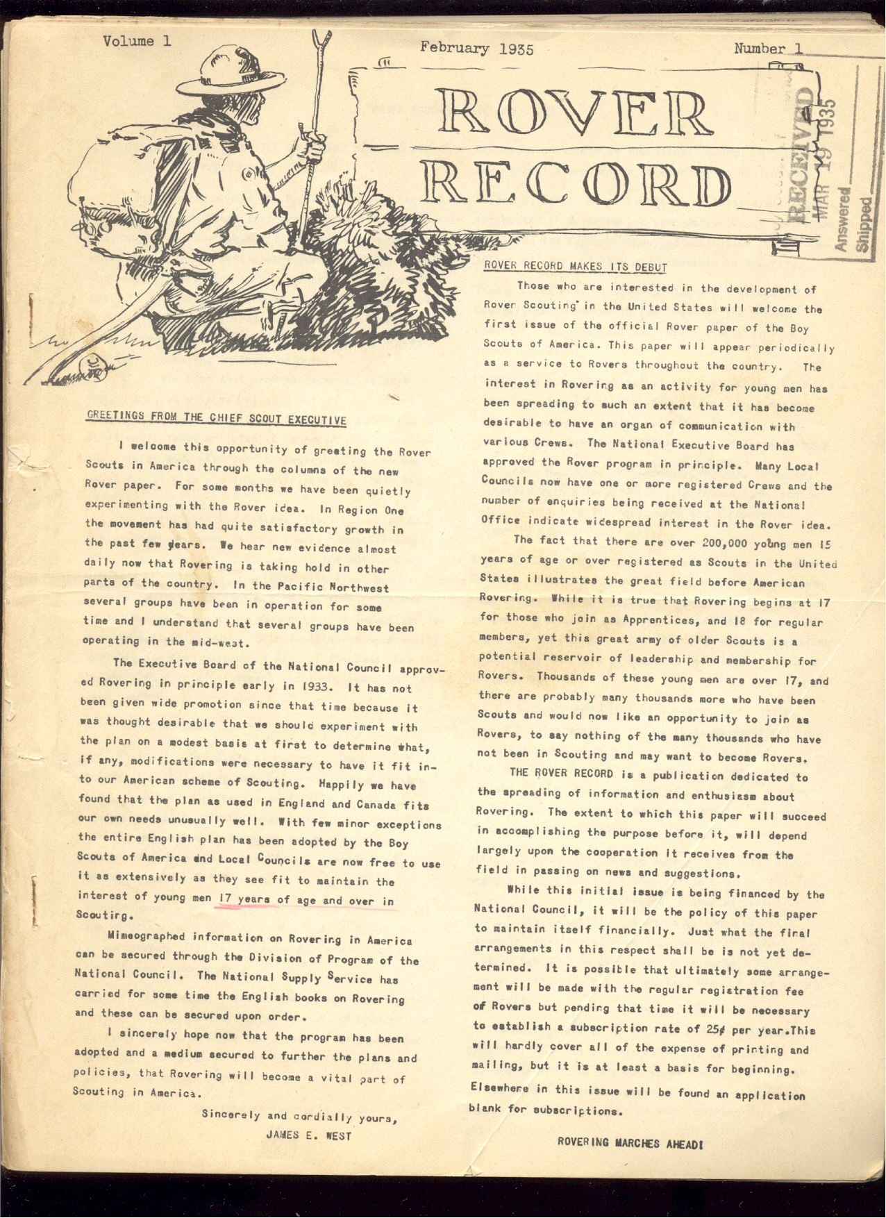 Rover Record #1, Feb 1935